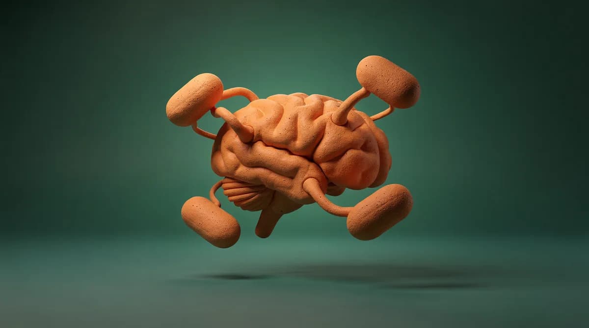 Minimal 3D-illustration av AI-hjärna med neurala kopplingar i lera-stil mot teal bakgrund