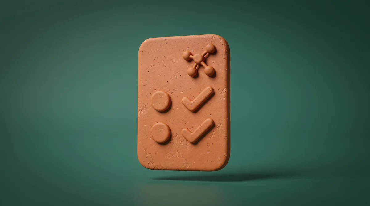 3D-illustration av företagssymboler och AI-ikoner arrangerade i lera-stil mot teal bakgrund som visar digital mognad och AI-beredskap