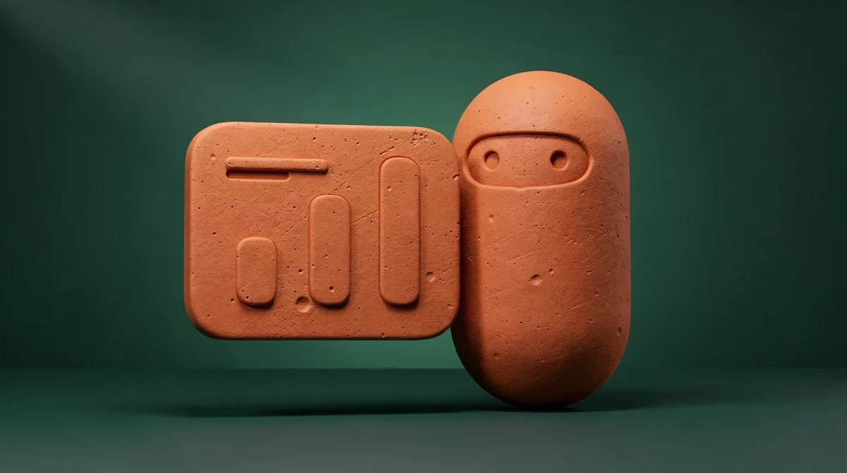 3D-illustration av svenska företagsbyggnader med AI-robotar som arbetar tillsammans, skapad i lera-stil mot teal bakgrund