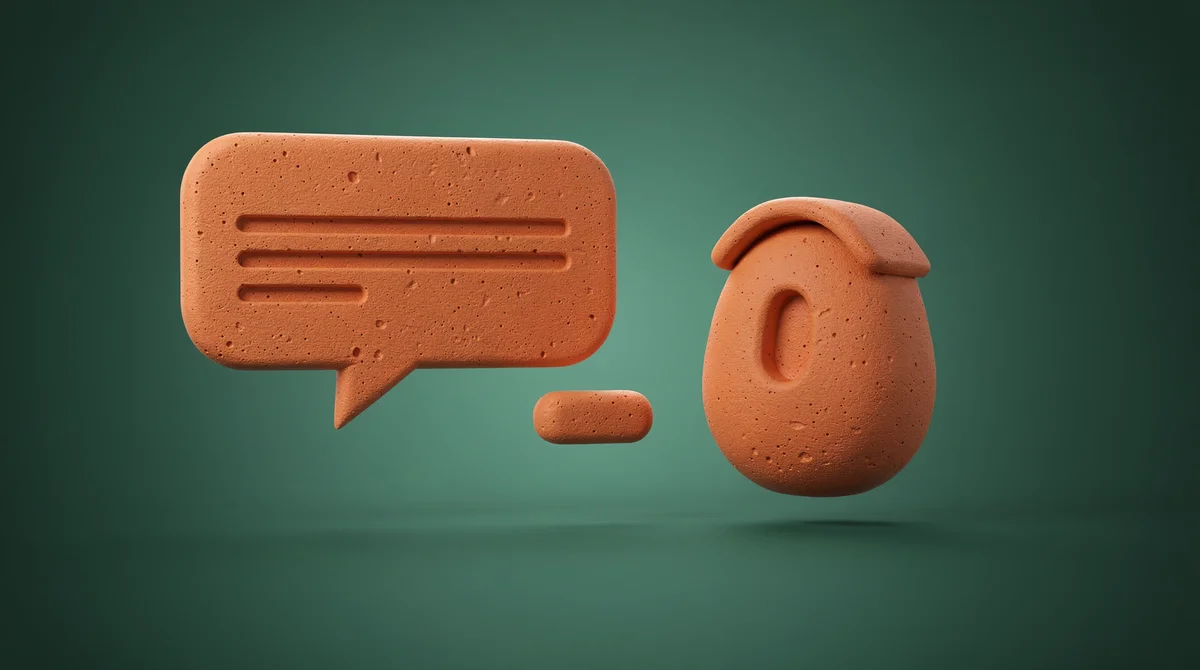 3D-illustration av AI-chatbot som hjälper kunder med supportärenden, gjord i lera-stil mot teal bakgrund