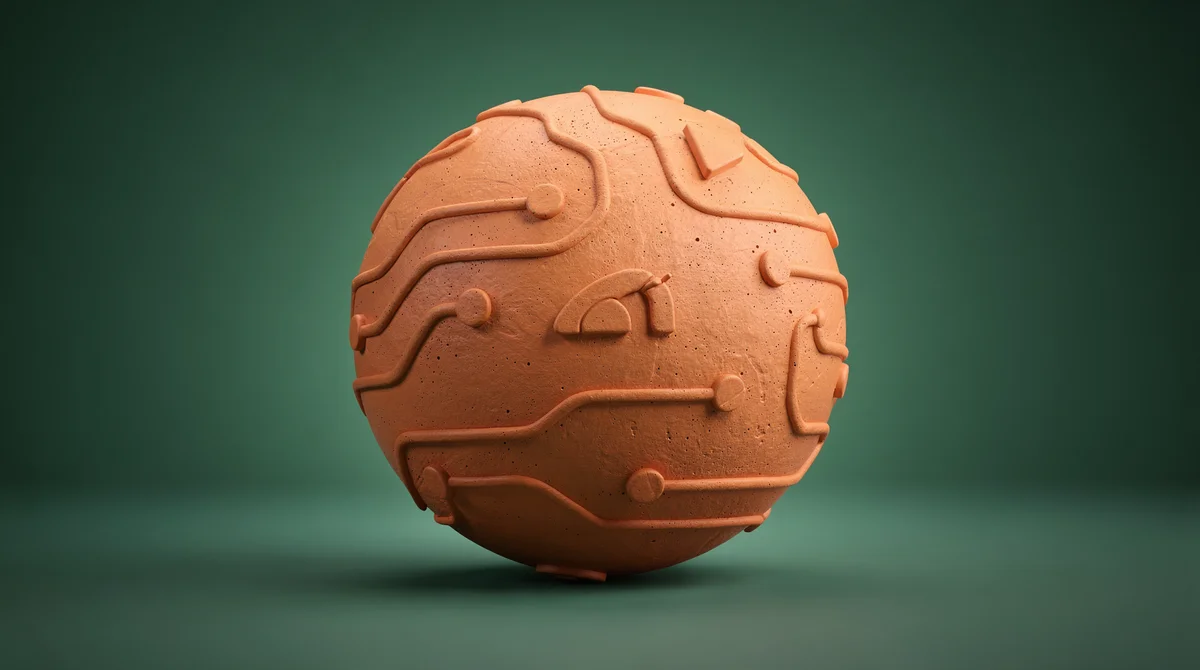 3D-illustration av futuristiska AI-symboler och svenska företagsikoner i lera-stil mot teal bakgrund