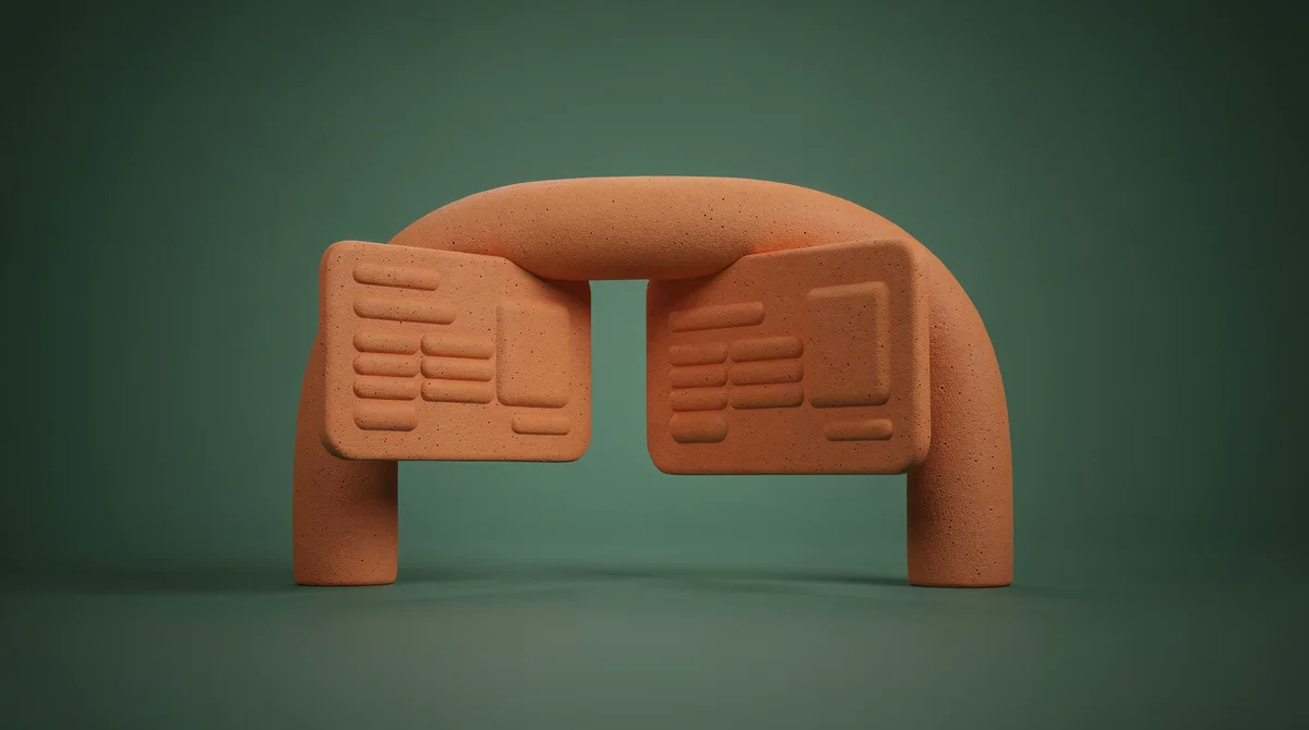 3D-illustration av automatiserat fakturaflöde med dokument och kugghjul i lera-stil mot teal bakgrund