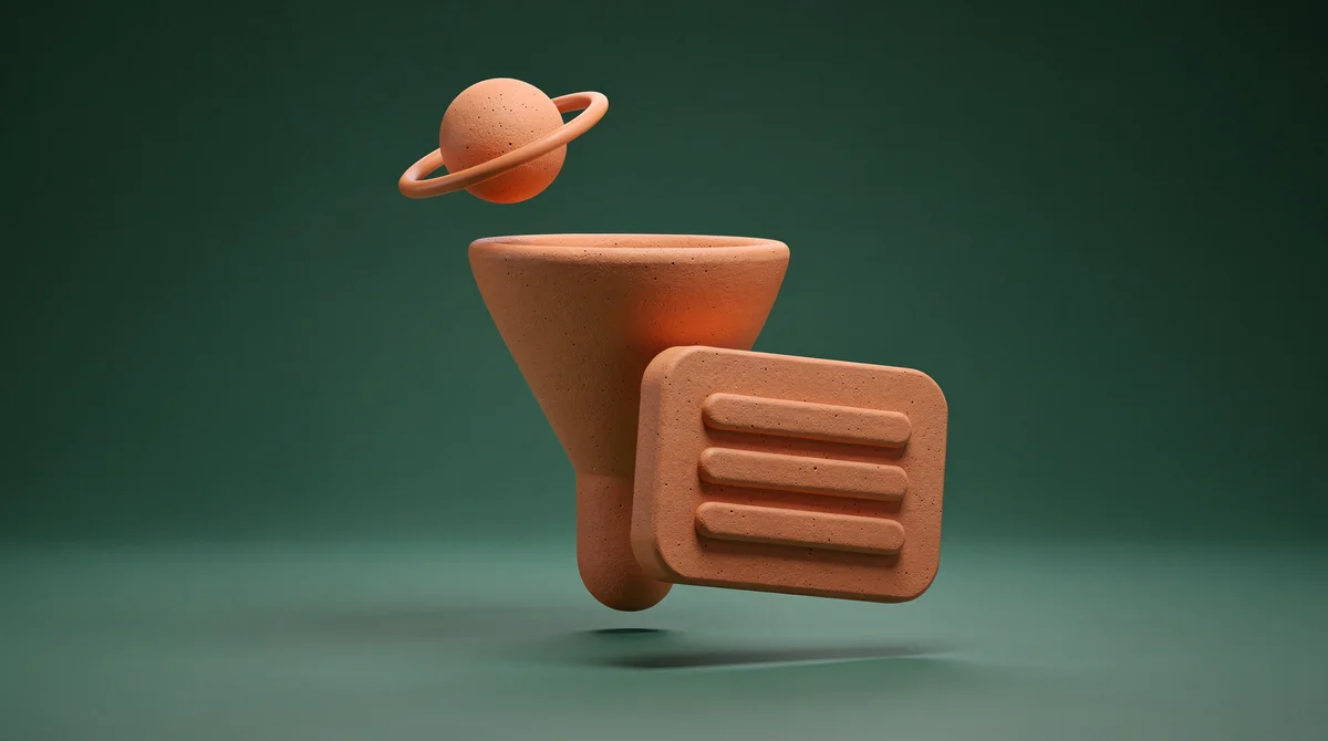 3D-illustration av automatiserad försäljningspipeline med CRM-system och AI-ikoner i lera-stil mot teal bakgrund