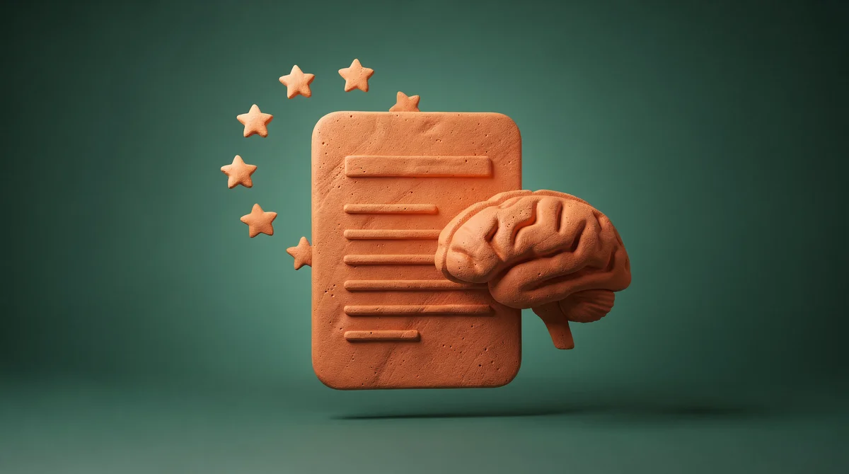 3D-illustration av checklista och AI-symboler i lera-stil mot teal bakgrund, föreställande EU AI Act compliance för svenska företag