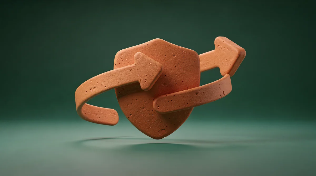 3D-illustration av säkerhetssköld och dataflöden i mjuk lera-stil mot teal bakgrund