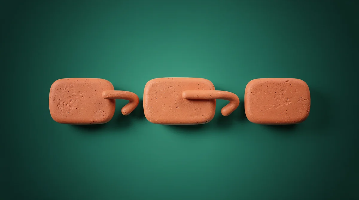 3D-illustration av tre olika workflow-verktyg representerade som sammankopplade kugghjul och noder i lera-stil mot teal bakgrund