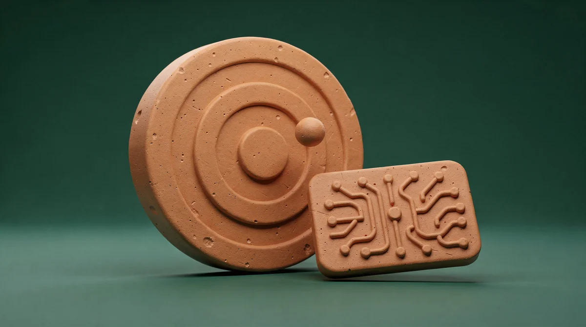 3D-illustration i lera-stil av ett företagsteam som planerar AI-mål runt ett digitalt bord med grafer och ikoner mot teal bakgrund