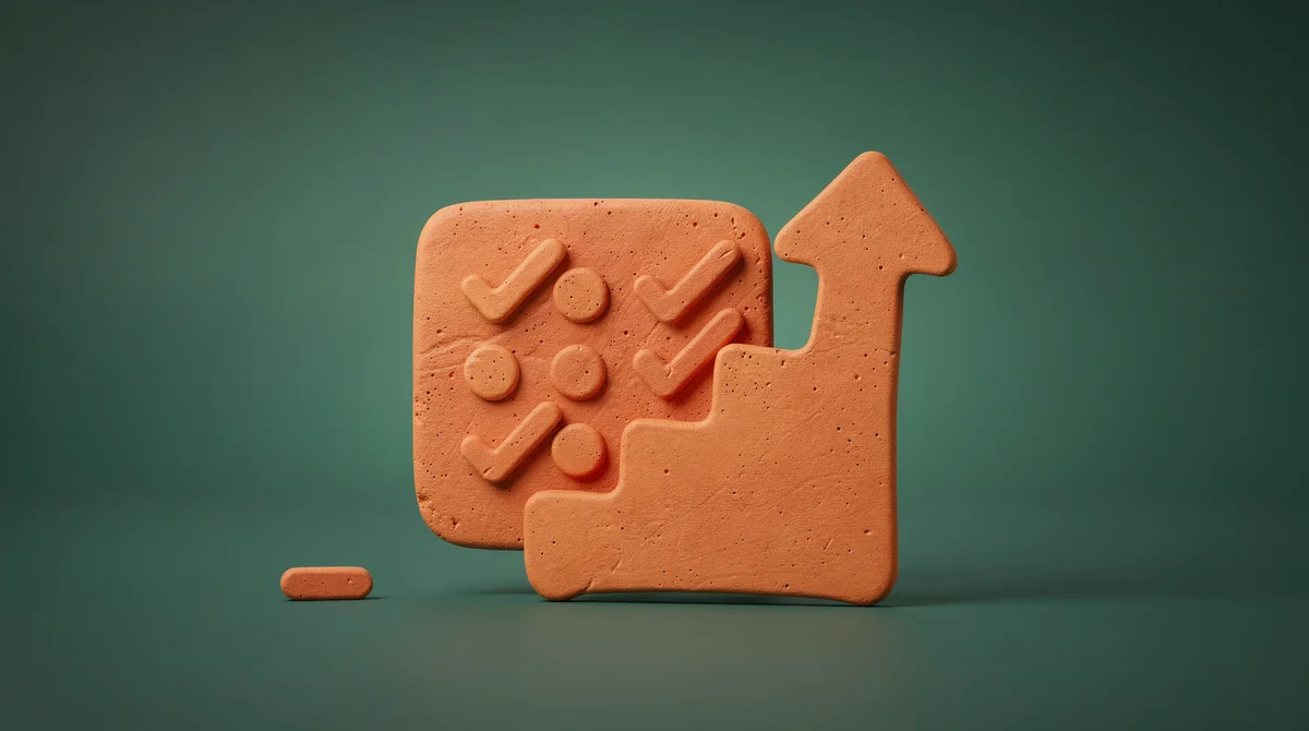 3D-illustration i lera-stil av årssammanfattning med automation-ikoner och AI-element mot teal bakgrund