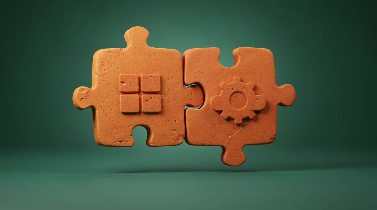 3D-illustration av sammankopplade systemkuber i lera-stil mot teal bakgrund som symboliserar systemintegration