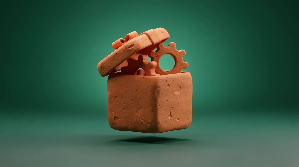 3D-illustration av automatiserade verktyg och kuggar i lera-stil mot teal bakgrund, symboliserar effektiv automation under julledigheten