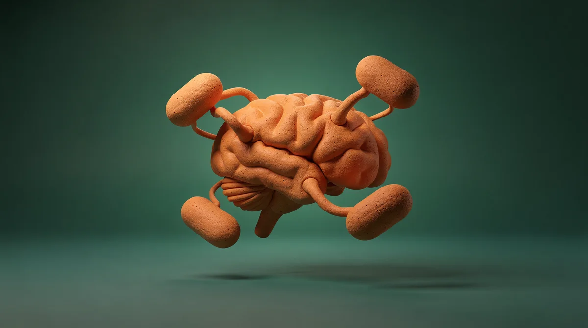 Minimal 3D-illustration av AI-hjärna med neurala kopplingar i lera-stil mot teal bakgrund