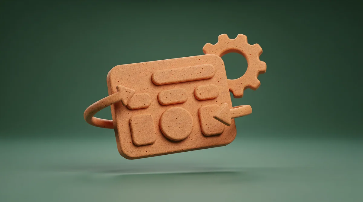 3D-illustration av miniräknare och mynt i lera-stil mot teal bakgrund, symboliserar automation kostnad och ROI-beräkningar