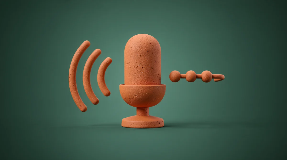 3D-illustration av röstvågor och mikrofon i lera-stil mot teal bakgrund, symboliserar Voice AI-teknik för kontor